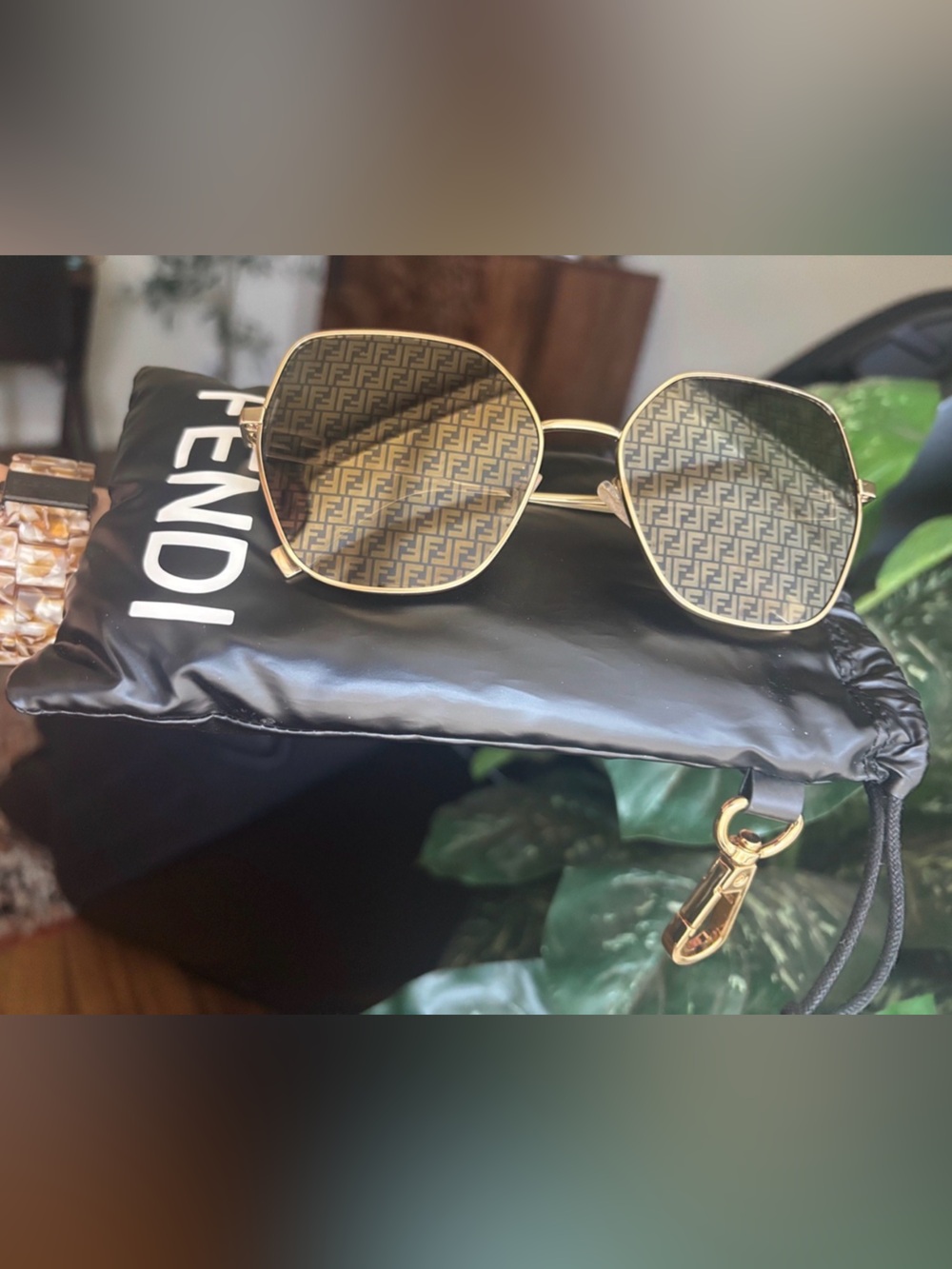 Fendi Baguette Gold Frame Sunglasses with Brown Logo-Patterned Lenses